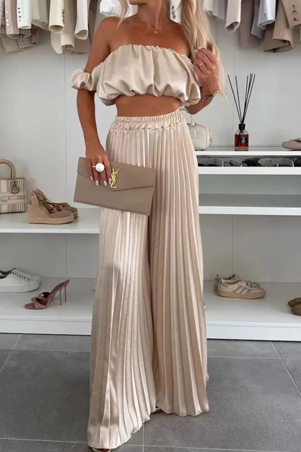 Off-shoulder Top and Pleated Pants Set