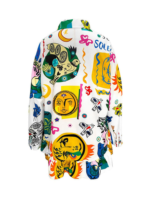 Long Sleeves Loose Falbala Printed Split-joint Lapel Mini Dresses Shirt Dress