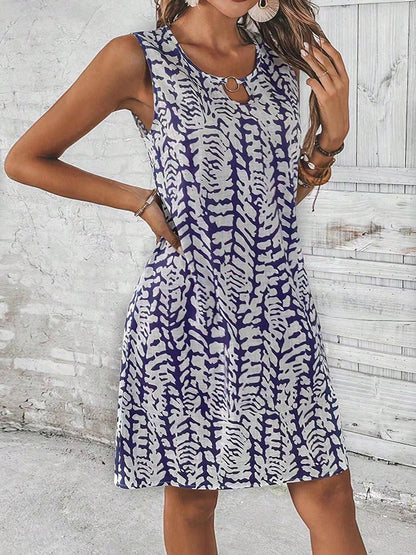 A-line Loose Hollow Printed U-neck Mini Dresses