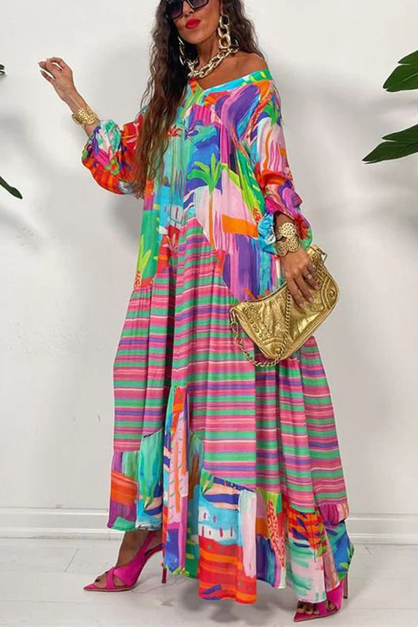 Bloom With a View Colorful Geometric Swing Maxi Dress