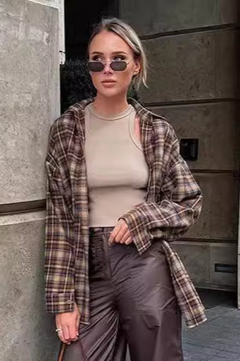 Plaid Longline Loose Fit Blouse