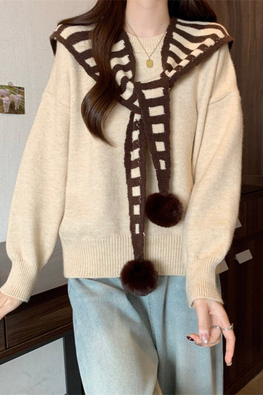 Striped Shawl Collar Pom Pom Sweater