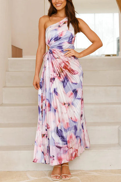 Moxidress One Shoulder Sleeveless Cut Out Print Pleated Maxi Dress
