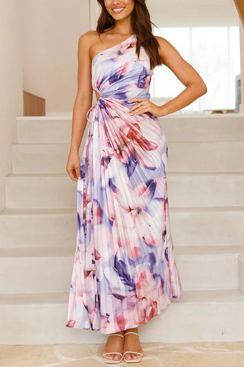 One Shoulder Sleeveless Cut Out Print Pleated Maxi Dress