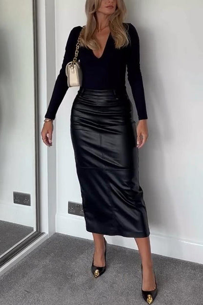 High Waist Back Slit Splice Faux Leather Maxi Skirt