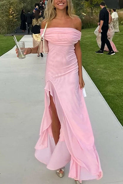 Moxidress Off Shoulder Back Cut Out Ruffle Slit Maxi Dress