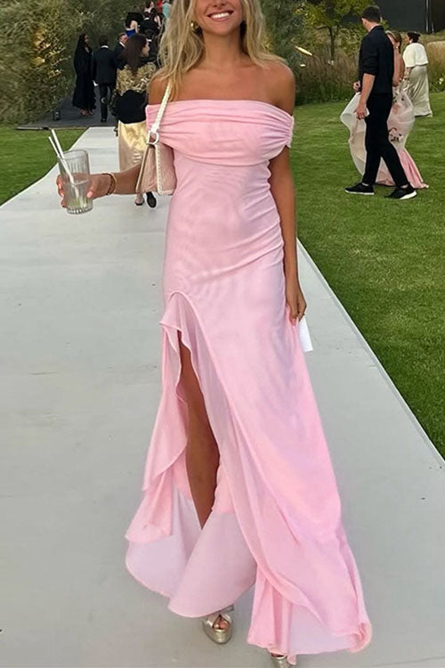 Moxidress Off Shoulder Back Cut Out Ruffle Slit Maxi Dress