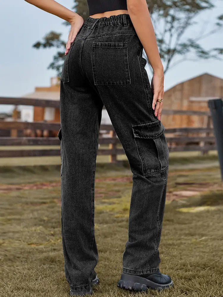 Washed Semi-elastic Denim Cargo Pants