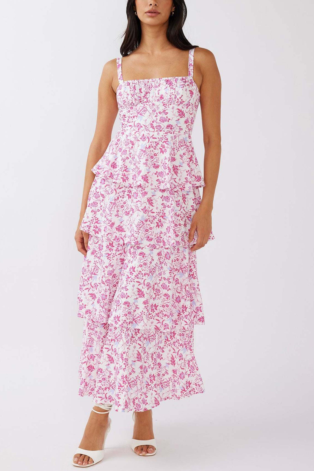 Print Tie-up Tiered Midi Dress