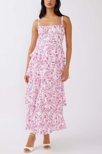 Print Tie-up Tiered Midi Dress