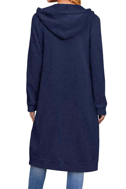 Zip Up Drawstring Hooded Long Cardigan