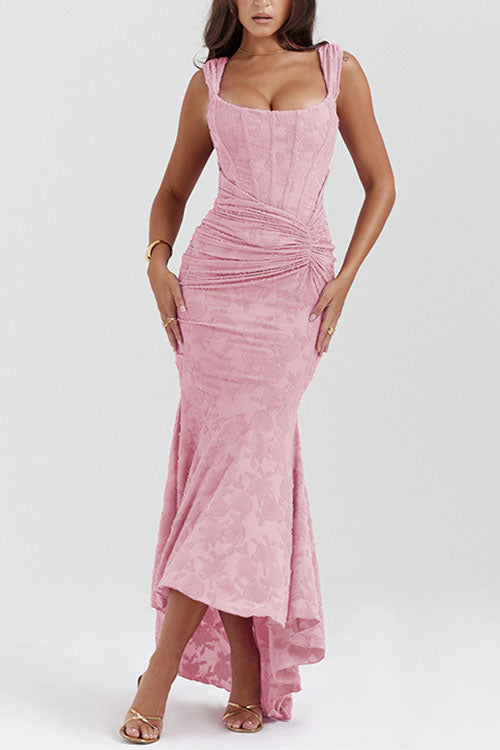 Moxidress Sleeveless Ruched Waist Ruffle Hem Jacquard Maxi Dress