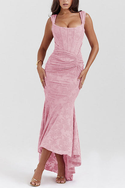 Sleeveless Ruched Waist Ruffle Hem Jacquard Maxi Dress
