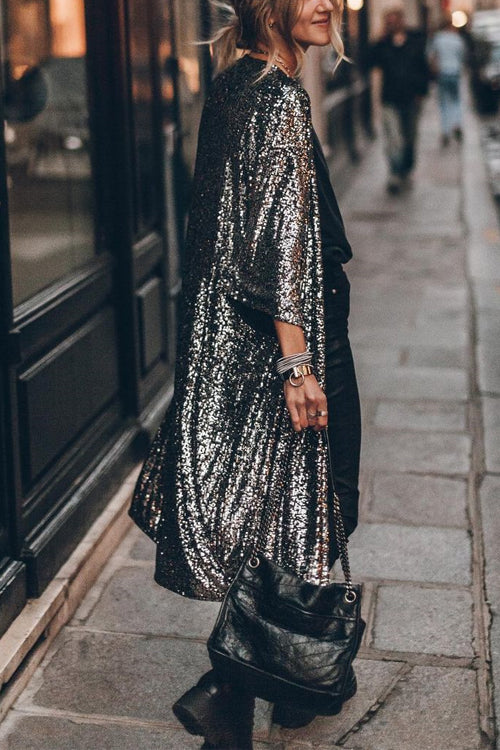 3/4 Sleeves Open Front Sequin Shinny Midi Cardigan