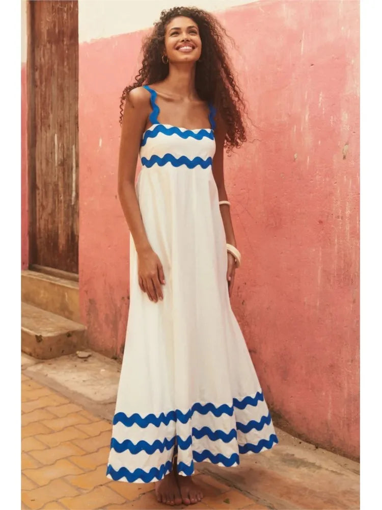 Summer Printed A-line Long Dress Backless Holiday Beach Spaghetti Strap Dresses for Maxi Vestidos Para Mujer