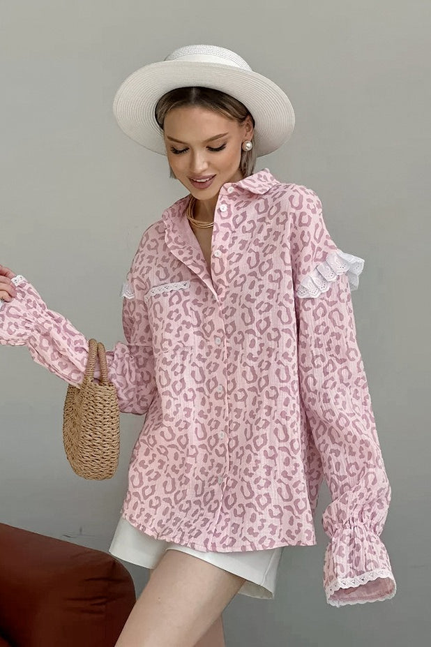Pink Leopard Print Ruffle Blouse