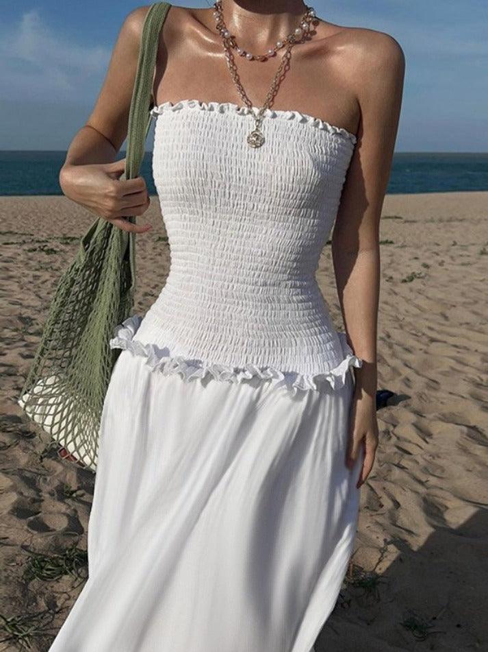 White Off Shoulder Shirred Tube Maxi Dress
