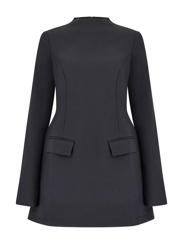 Female Autumn Mini Dress ’s Pocket Patchwork Slim Long Sleeve Commute Clothes Female Mini Dress