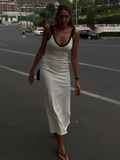 Knit Suspender Split Long Dress Sleeveless Block Color Beach Vacation V-neck Knitwear Bodycon Dress