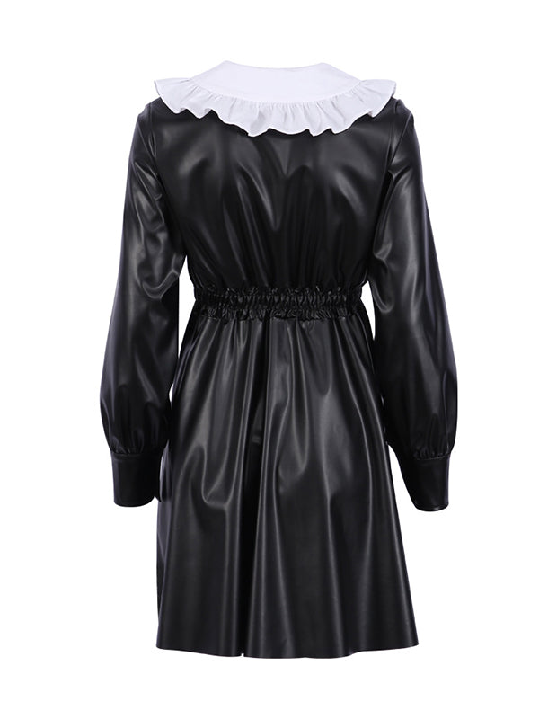 Loose Puff Sleeves Elasticity Pleated Split-joint Peter Pan Collar Mini Dresses