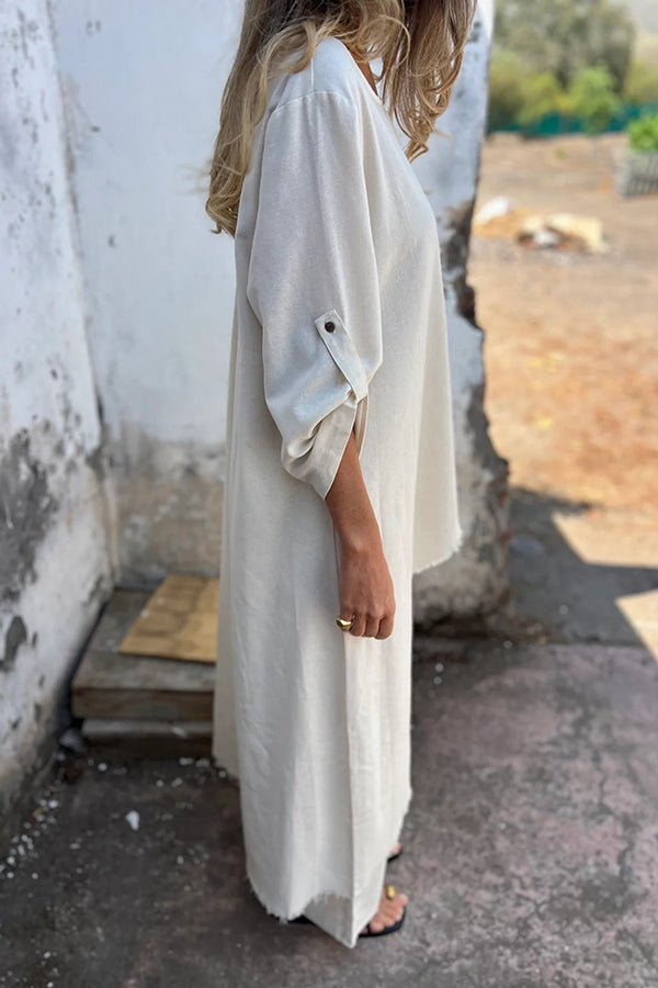 Jamilah Linen Blend Ring Detail Midi Blouse and Elastic Waist Pocketed Loose Pants Set