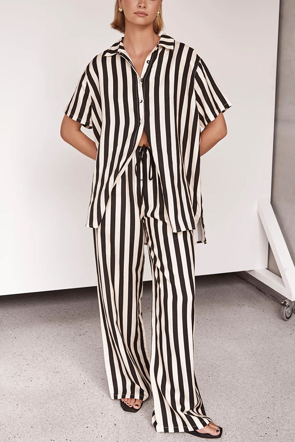 Erika Striped Shirt and Elastic Waist Pocket Wide Leg Pants Set