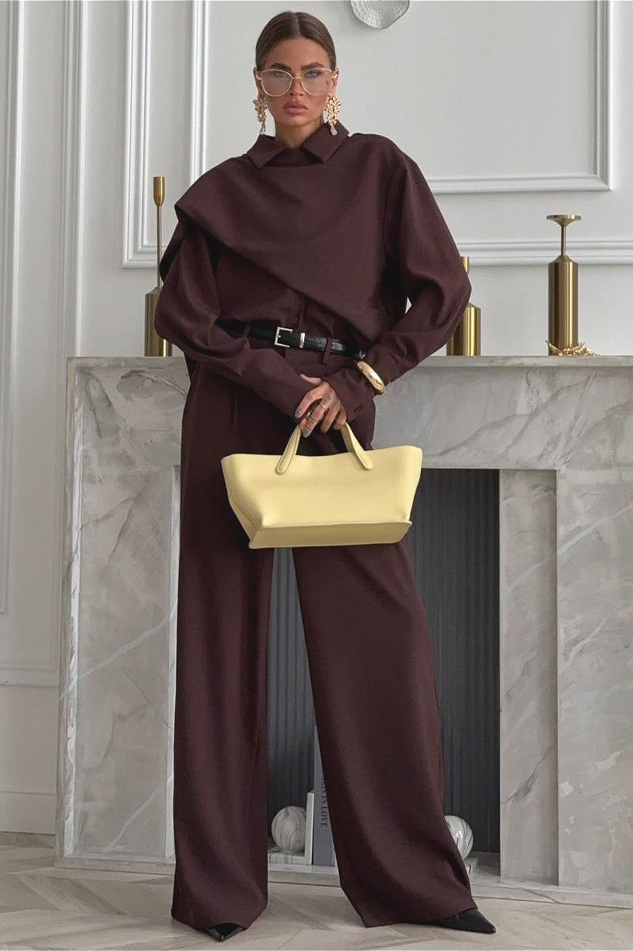 Lapel Scarf Top & Wide Leg Pants Two Piece Set