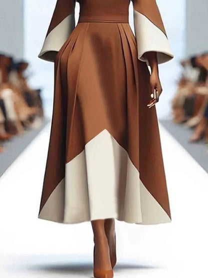 A-line Long Sleeves Contrast Color Pleated Pockets Split-joint High Neck Midi Dresses