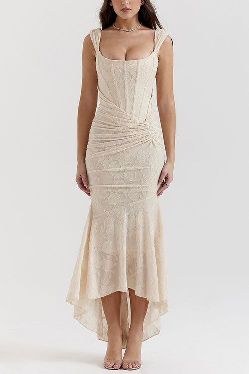Moxidress Sleeveless Ruched Waist Ruffle Hem Jacquard Maxi Dress