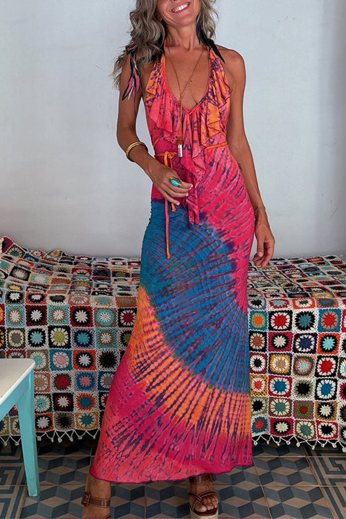 Ruffle Trim Halter Lace-up Backless Tie Dye Maxi Dress
