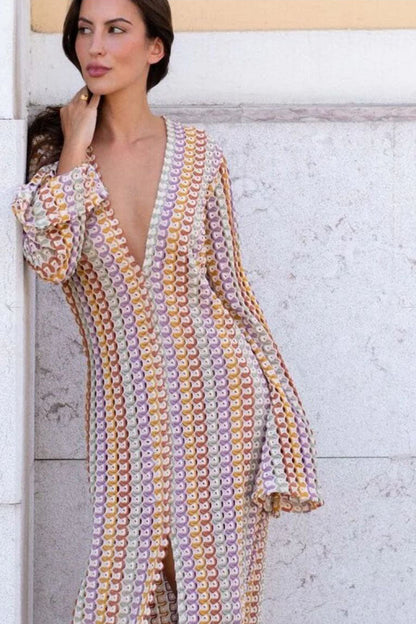 V Neck Bell Sleeve Wavy Striped Crochet Beach Vacation Maxi Dress