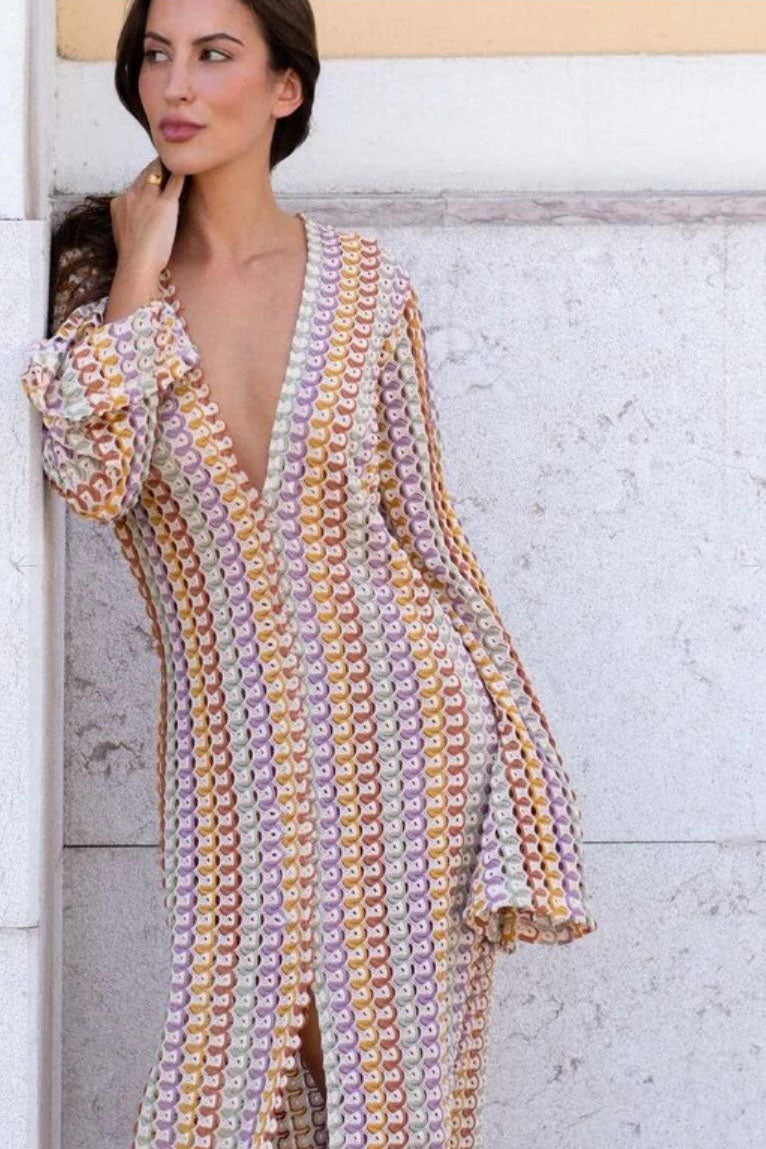 V Neck Bell Sleeve Wavy Striped Crochet Beach Vacation Maxi Dress