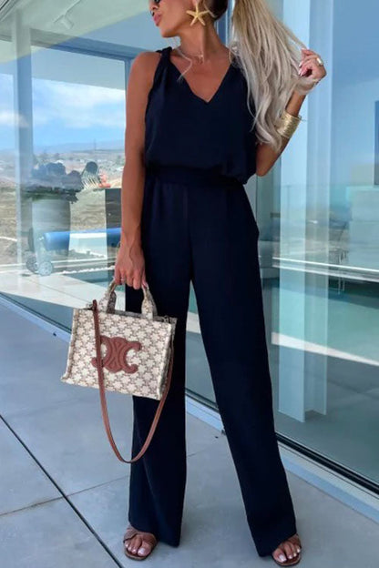V Neck Sleeveless Top Wide Leg Pockets Pants Set
