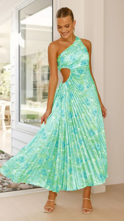Pleated One Shoulder Cut-out Waist Midi Dress