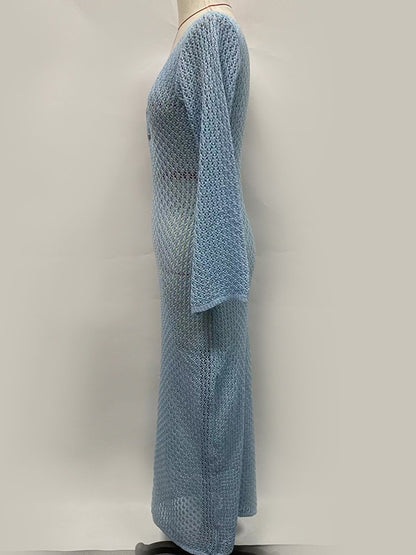 Hollow See-through Smocked Color Sun Protection Deep V-neck Beach Cover-up Maxi Dresses