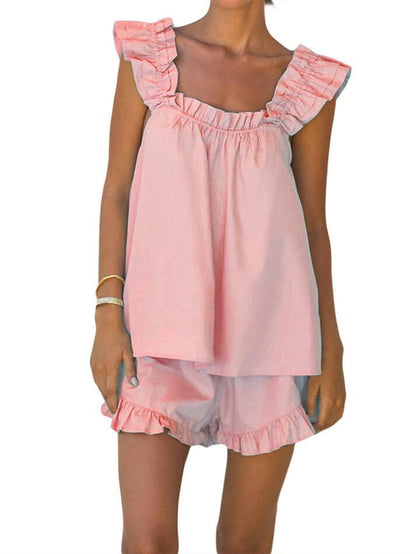 Color Pure Cotton Ruffle Shorts Set
