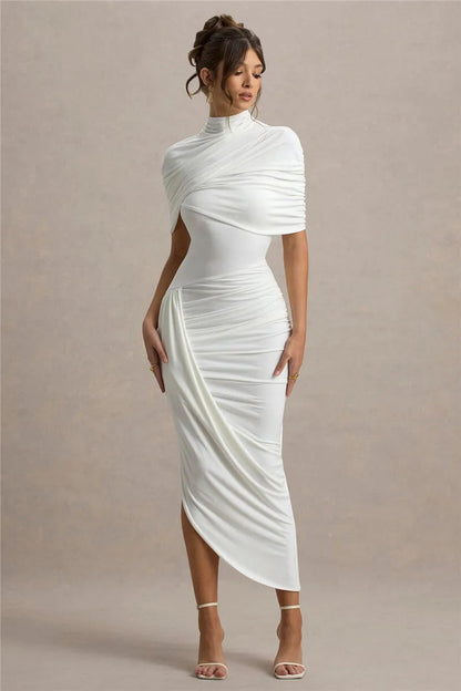 Lyricara — Backless Maxi Dress With Ruched Waist and Turtleneck