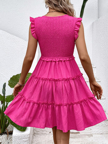 Loose Sleeveless Ruffle Trim Color Split-joint Deep V-neck Mini Dresses