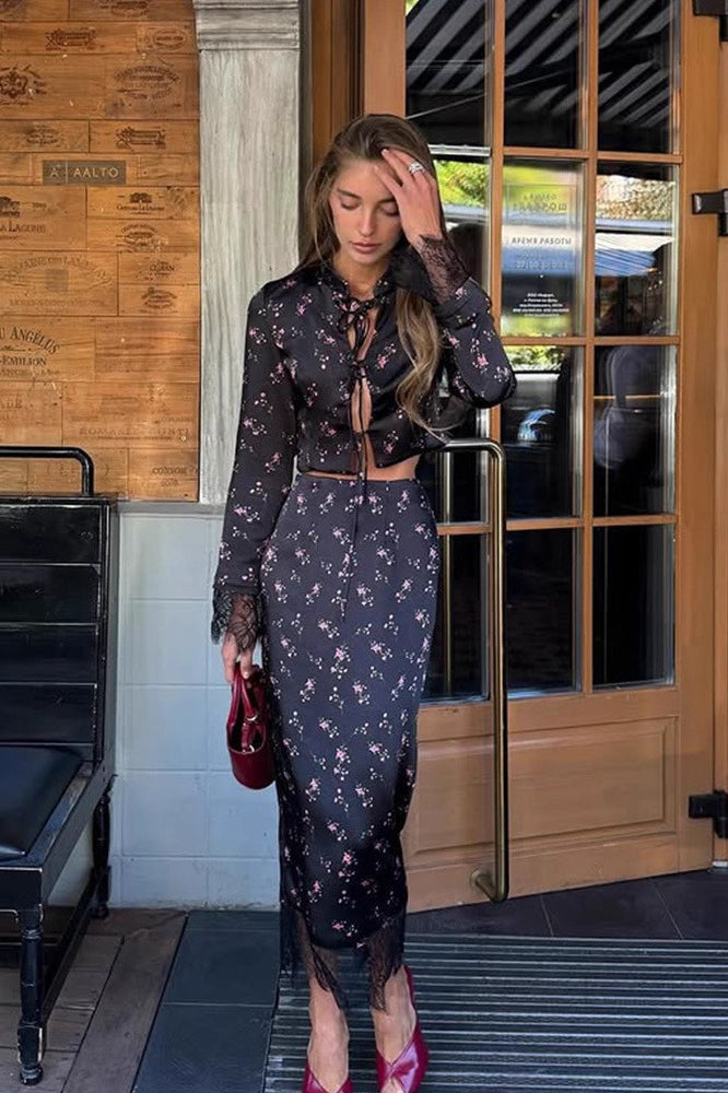 Button Front Long Sleeve Blouse Skirt Set