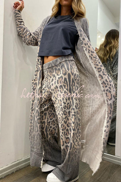 Comfort First Leopard Print Pocket Long Sleeve Cardigan Elastic Waist Pants Set
