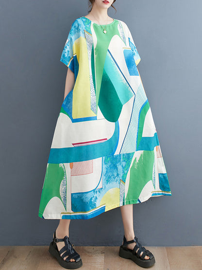 Short Sleeves Loose Contrast Color Round-neck Midi Dresses