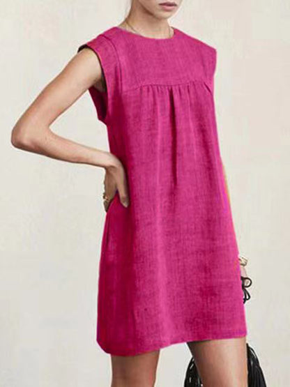 Cap Sleeve Loose Color Round-neck Mini Dresses