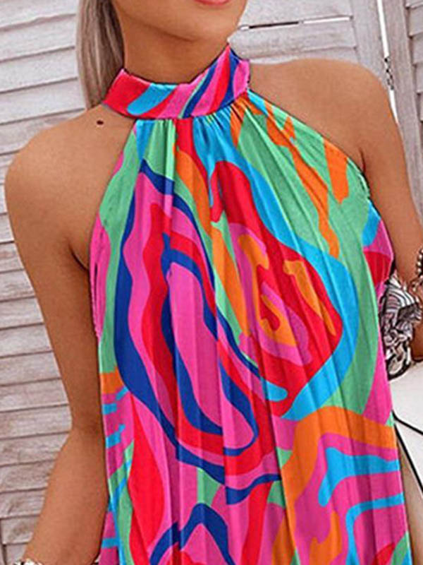 Loose Pleated Printed Halter-neck Mini Dresses Short Dresses