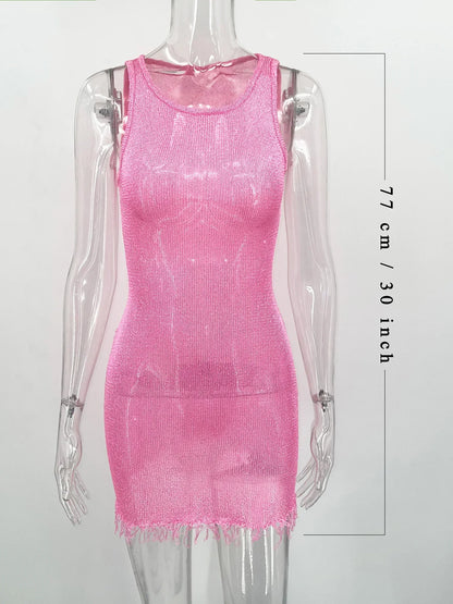 See-through Mini Dress for Sleeveless Hollow Out High Waist Bodycon Dress Female Y2k Party Dress