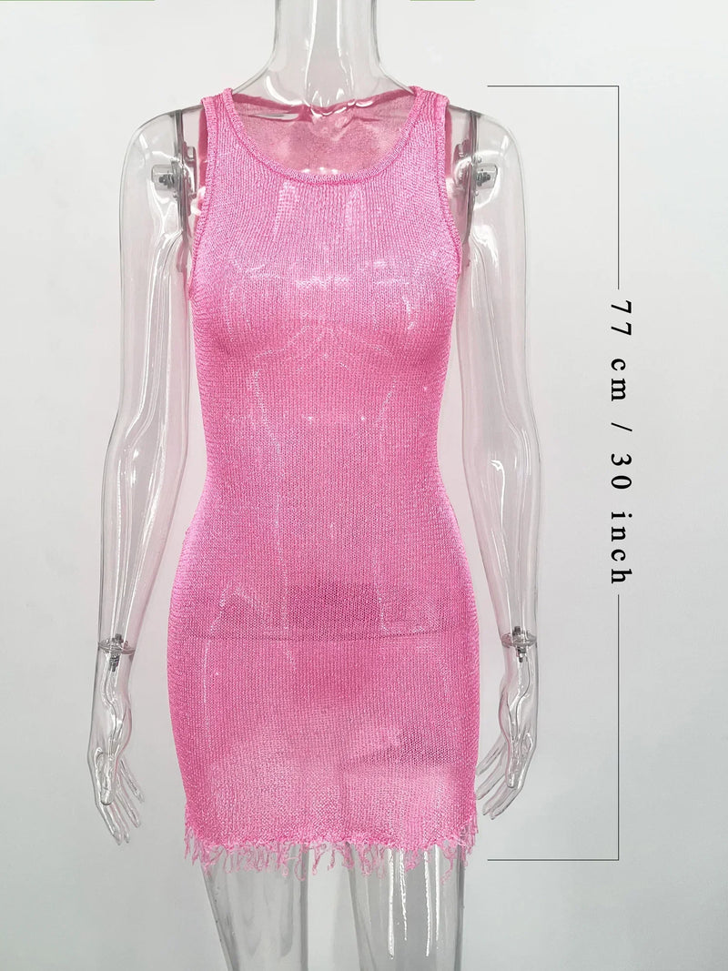 See-through Mini Dress for Sleeveless Hollow Out High Waist Bodycon Dress Female Y2k Party Dress