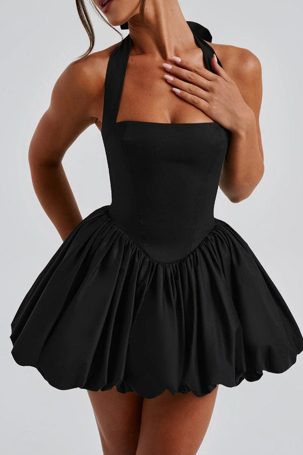 Halter Tie Bow Puffy Hem Mini Dress