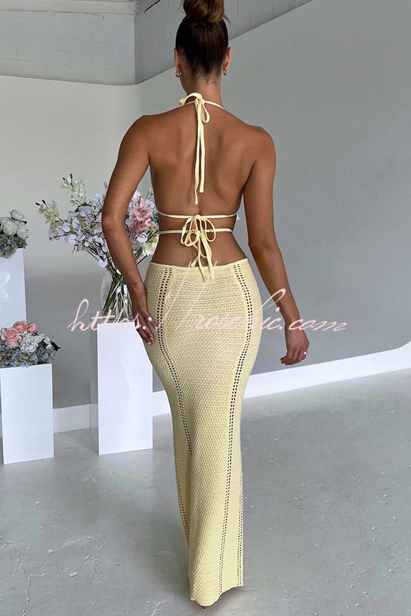 Effortlessly Cool and Knit Crochet Cutout Halter Tie-up Stretch Maxi Dress