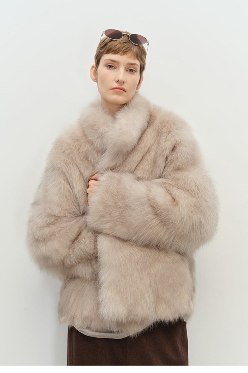 Minimalist Mid-length Faux Fur Stand Collar Coat