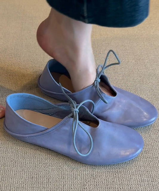 Blue Cowhide Leather Lace Up Splicing Flat Shoes