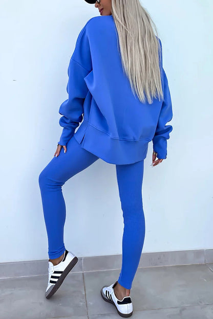 Color Loose Long Sleeve Slitsweatshirt and Elastic Waist Tight Pants Set